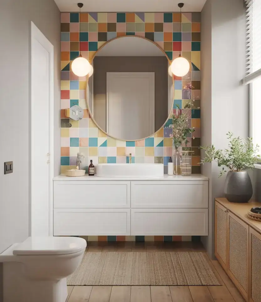Bright Guest Bathroom With Colorful Tile Accent 1