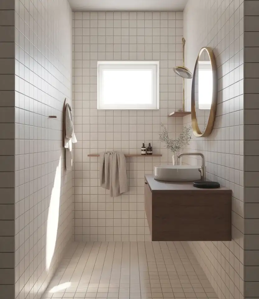 Budget-Friendly Small Bathroom With Warm White Tile 1