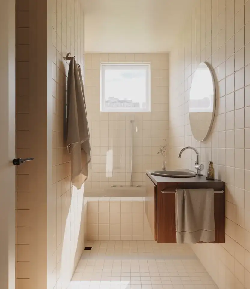 Budget-Friendly Small Bathroom With Warm White Tile 2
