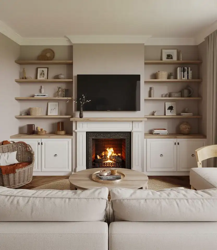 Built Ins With TV Fireplace French Country Living Room 1