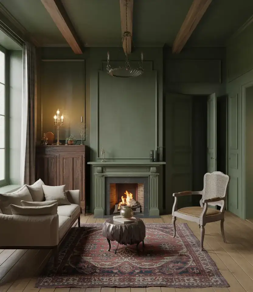 Dark Green Traditional French Country Living Room 2