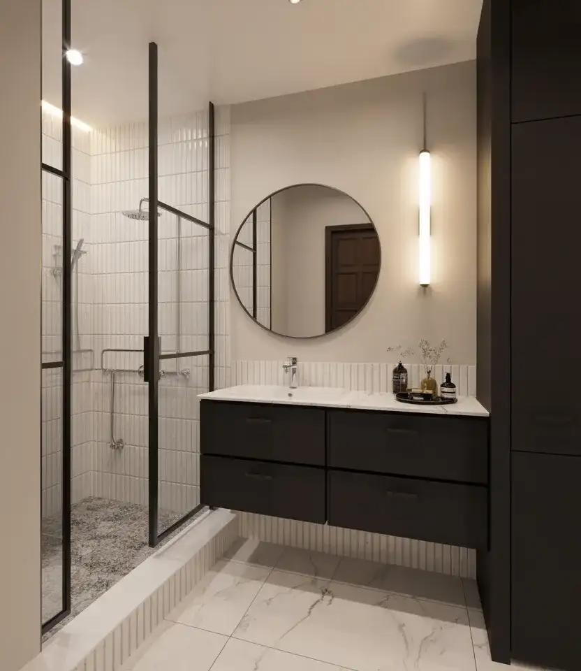 Elegant Black And White Primary Bathroom 2
