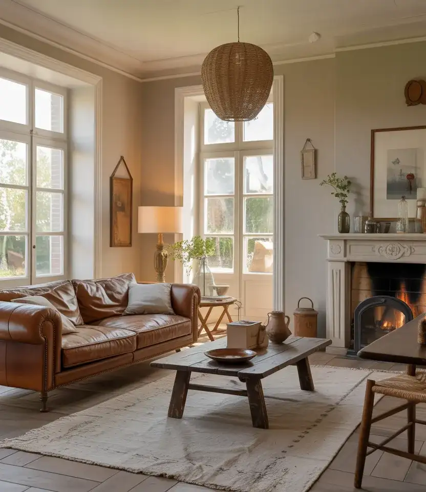 Neutral and Leather Traditional French Country Living Room 1