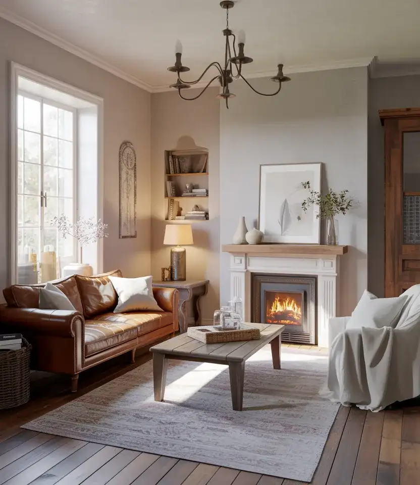 Neutral and Leather Traditional French Country Living Room 2