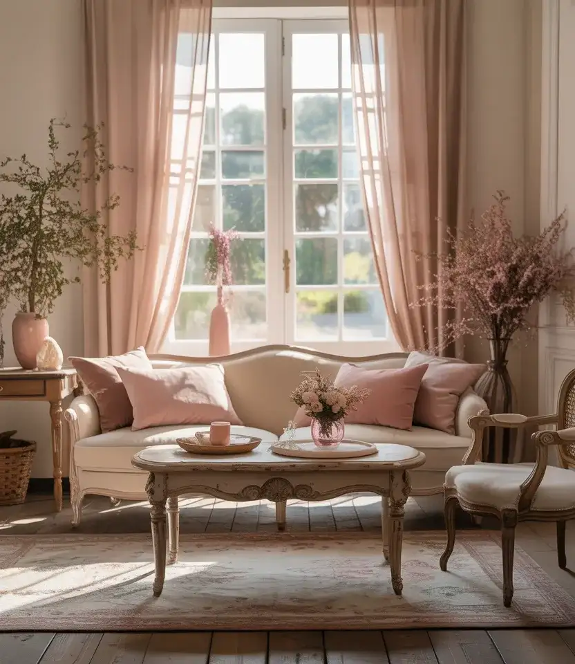 Pink and Neutral French Country Living Room 1