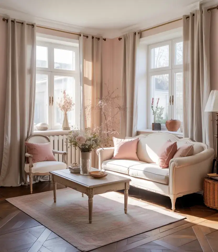 Pink and Neutral French Country Living Room 2