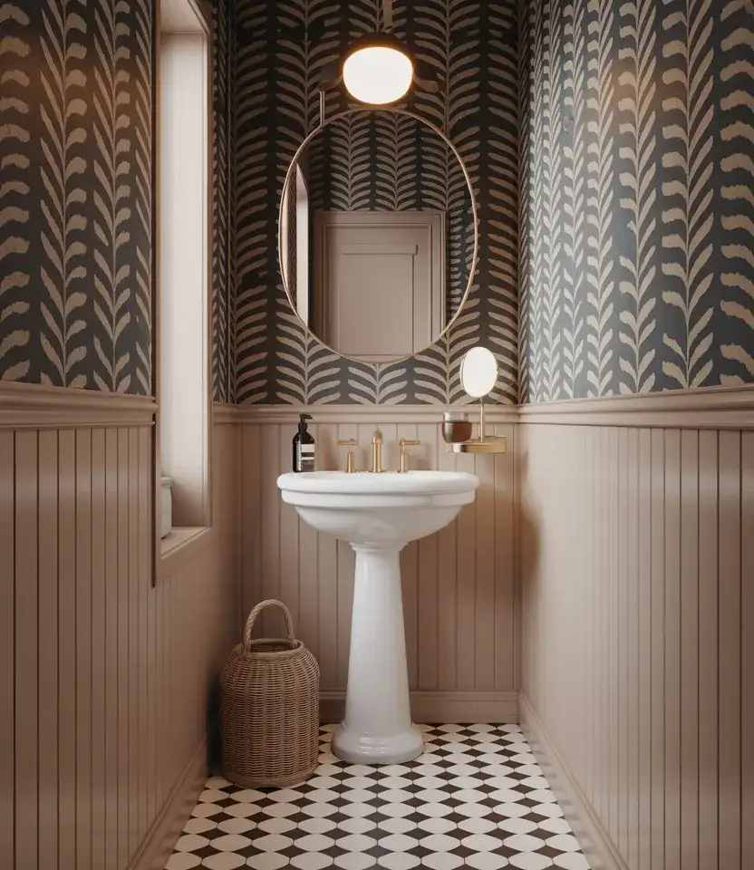 Small Half Bathroom With Bold Wallpaper 1