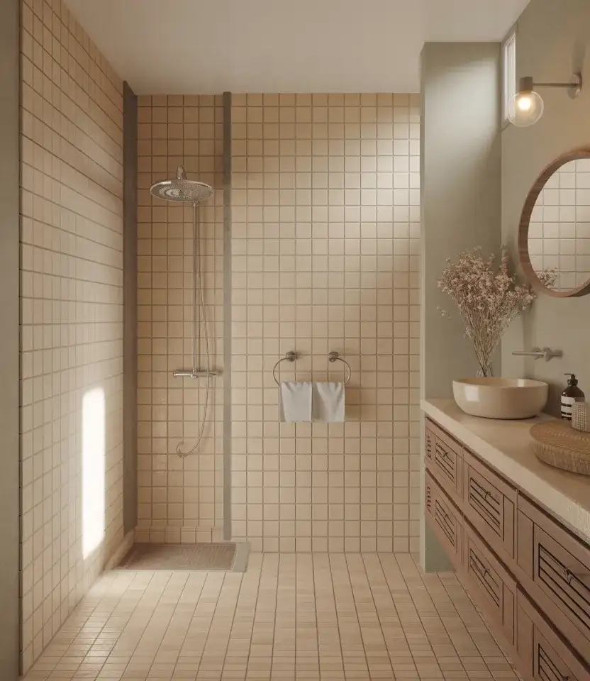 Small Primary Bathroom With Warm Neutral Colors 2