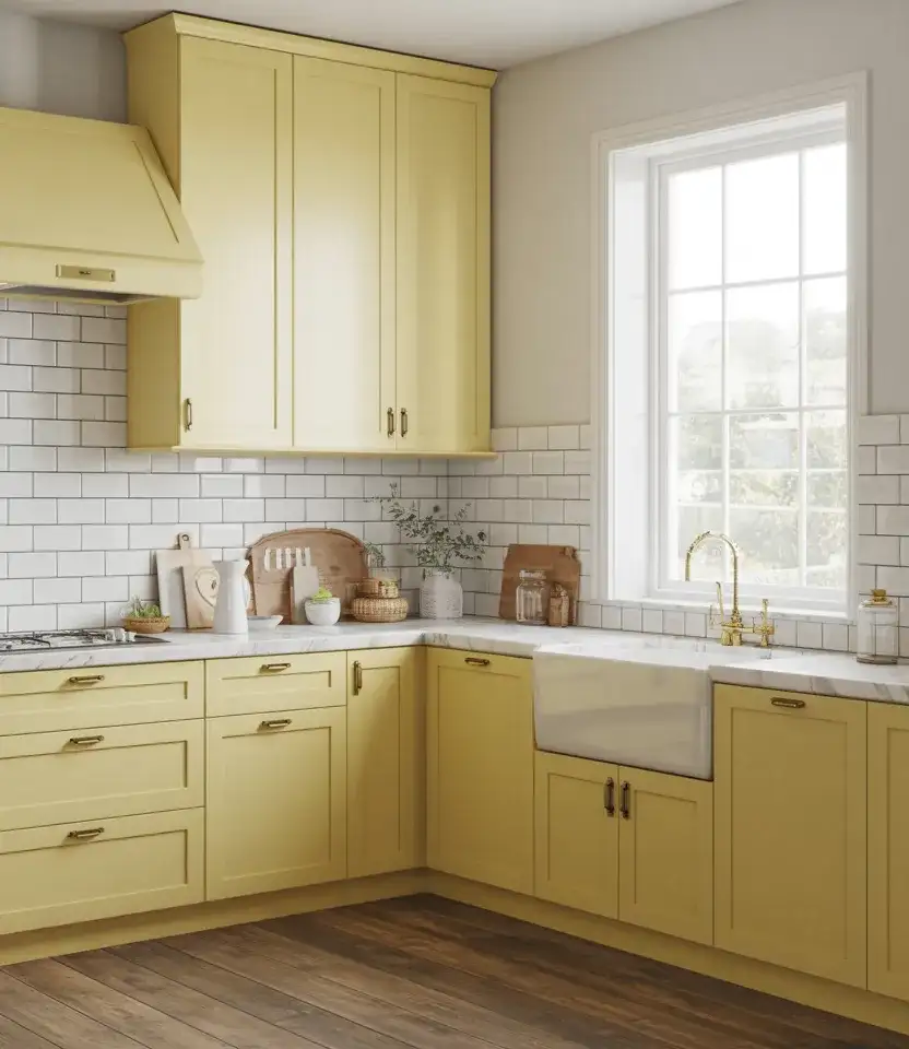 Soft Butter Yellow Cabinets With White Counters 1