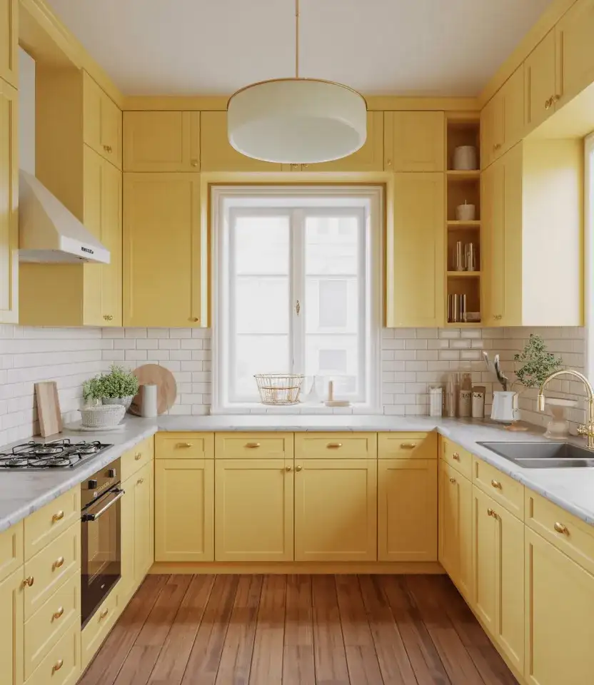 Soft Butter Yellow Cabinets With White Counters 2