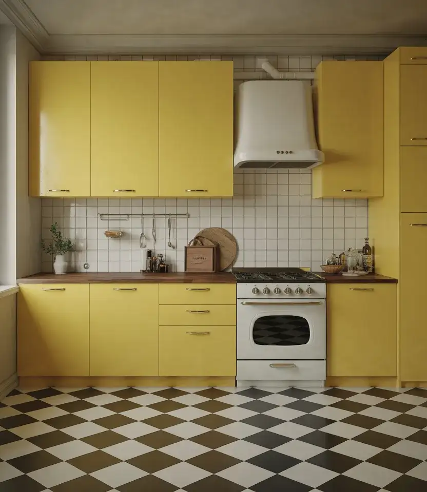 Vintage Yellow Kitchen With Checkerboard Floor 1