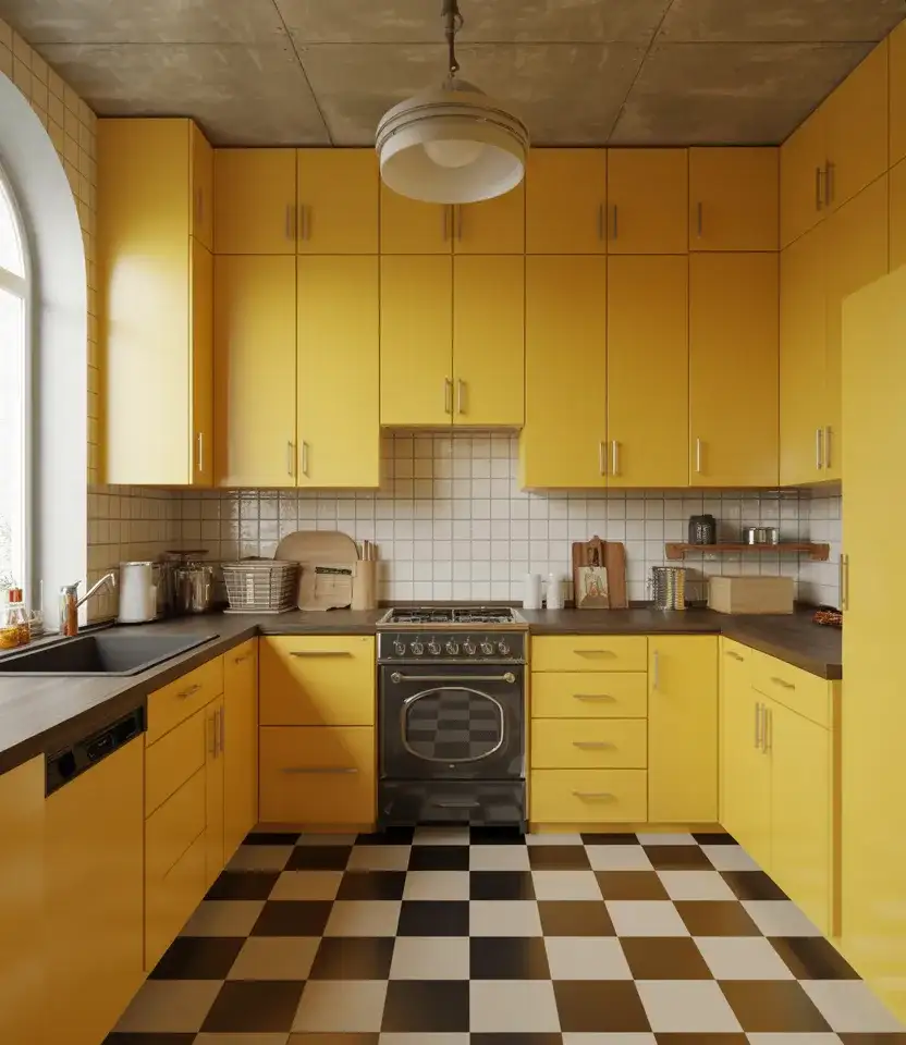 Vintage Yellow Kitchen With Checkerboard Floor 2