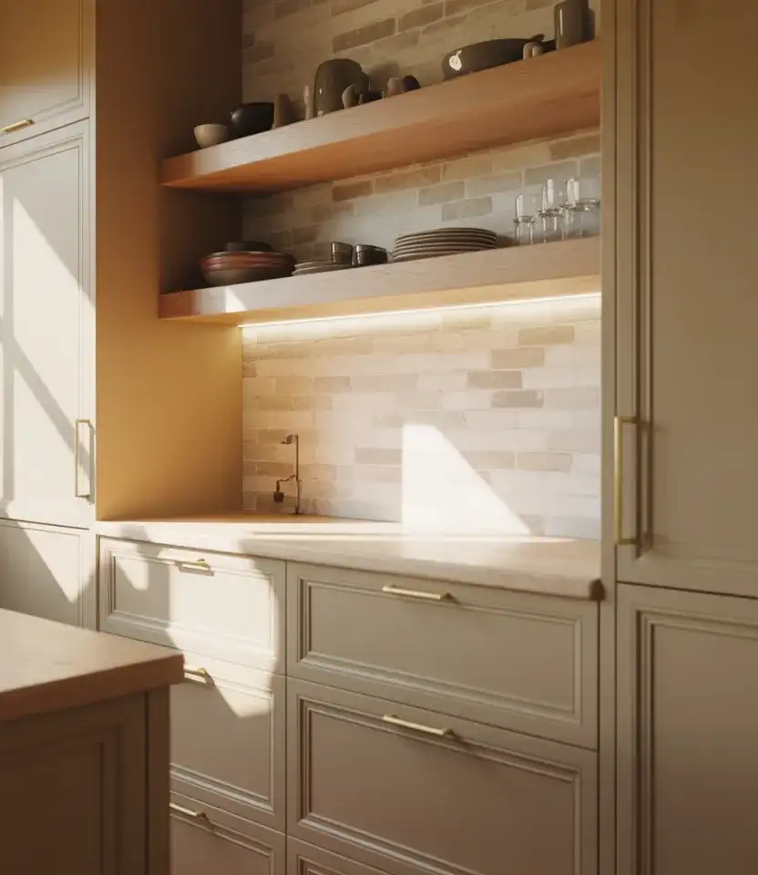 Warm Beige Cabinets With Natural Wood Accents 1