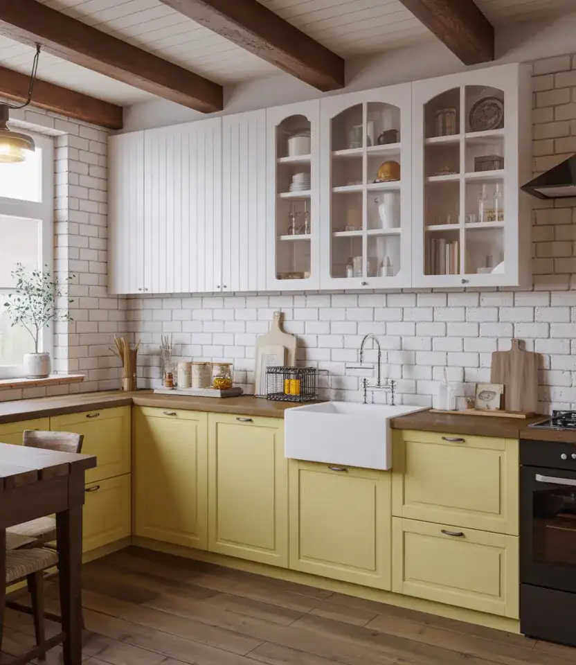 White And Yellow Farmhouse Kitchen 1