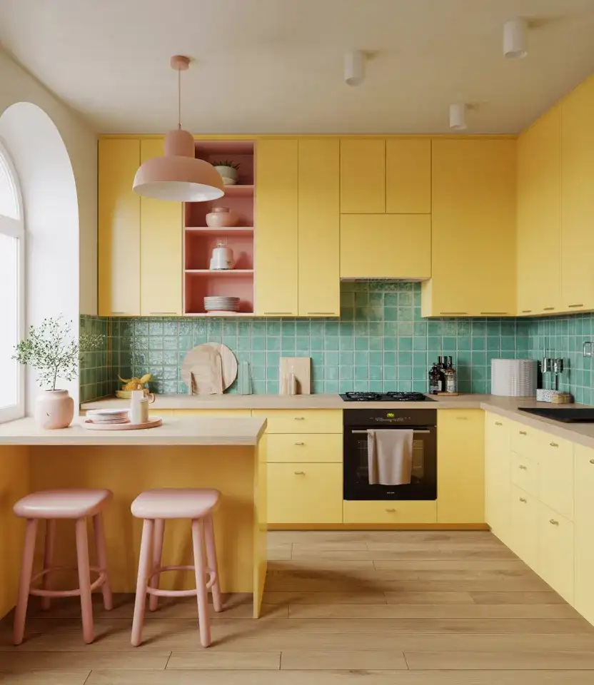 Yellow Kitchen With Teal And Pink Accents 1