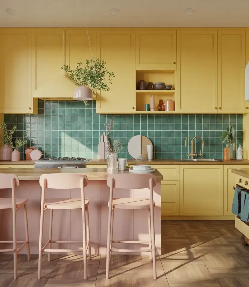Yellow Kitchen With Teal And Pink Accents 2