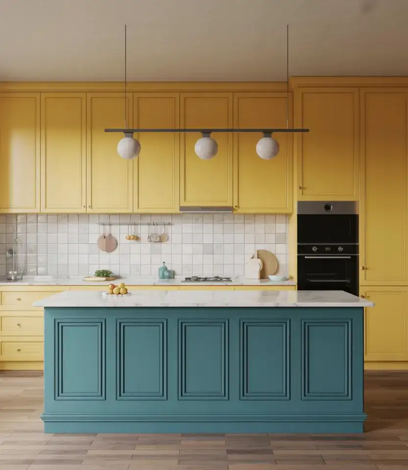 Yellow Kitchen With Teal Island 2