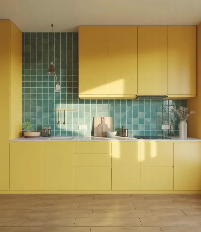 Yellow Kitchen With Teal Tile Backsplash 1