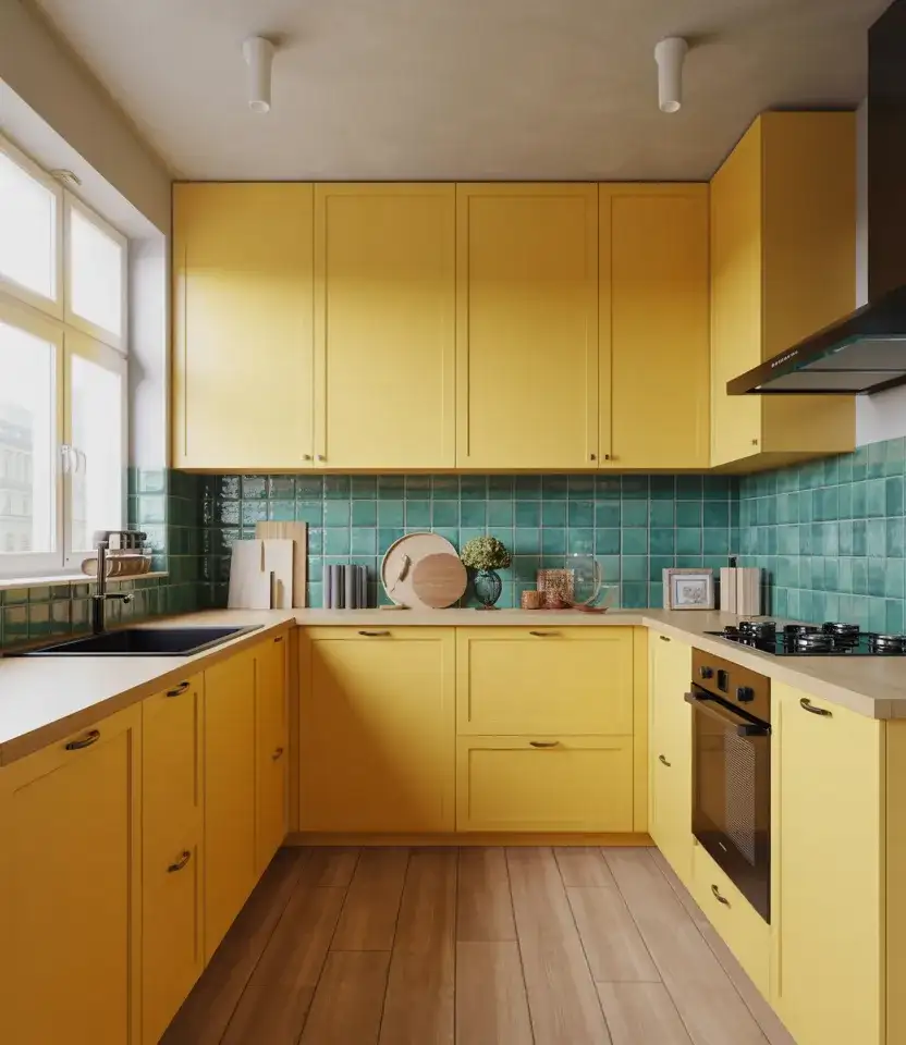 Yellow Kitchen With Teal Tile Backsplash 2