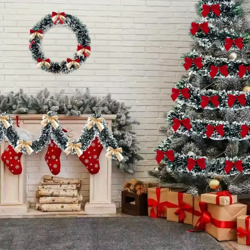 1 Set, 12m Christmas Wire Wreath, Christmas Tree Decoration, Dark Green  with Red Bow, Foil Wire Wreath, Metal Hanging Ornament, Suitable for New  Year Parties, Christmas Trees, and Holiday Indoor/ ..