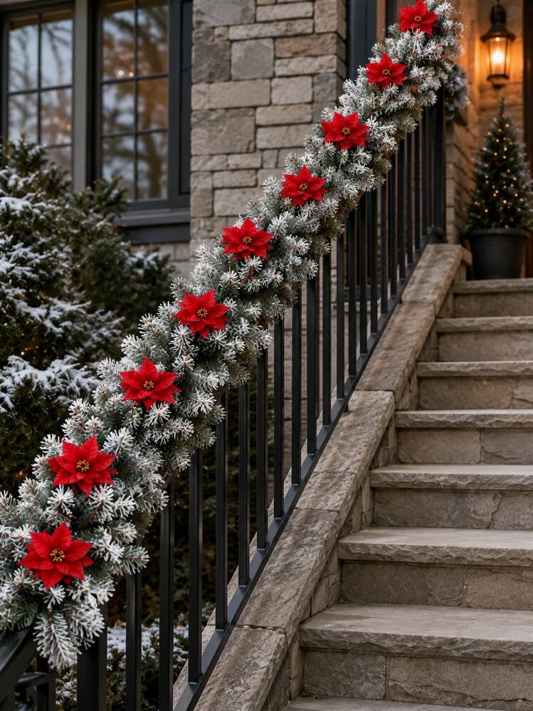1 Set Flocked Snow Cedar Christmas Wreath With 11 Red Poinsettia Flowers,  High-Density Flexible Artificial Evergreen Vines, Suitable For Christmas  Tree, Door Frame, Fireplace, Staircase, Tabletop An