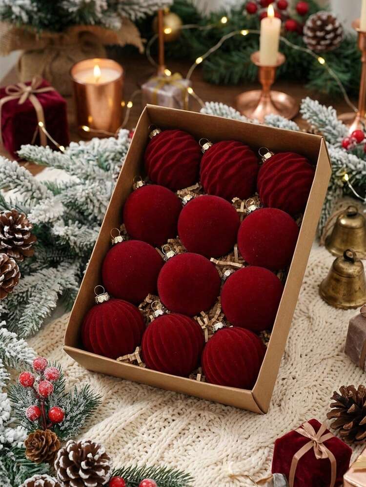 12/15pcs Burgundy Christmas Ball Ornaments, Christmas Party Supplies,  Christmas Decor, Flocked Christmas Ball Decorations, Christmas Hanging  Decorations, Home Decor, Christmas Tree Decorations, Wrea