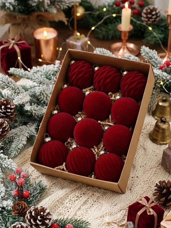 12/15pcs Burgundy Christmas Ball Ornaments, Christmas Party Supplies,  Christmas Decor, Flocked Christmas Ball Decorations, Christmas Hanging  Decorations, Home Decor, Christmas Tree Decorations, Wrea