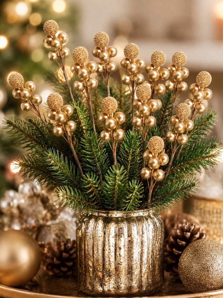 12/24Pcs Artificial Golden Berry Decorative Branches, Gold Berry Sprigs For  Christmas Decoration, Fit For Christmas Tree, Wreath, Garland, Vase Filler,  Fireplace Mantel, Gift Wrapping Accent, New Ye