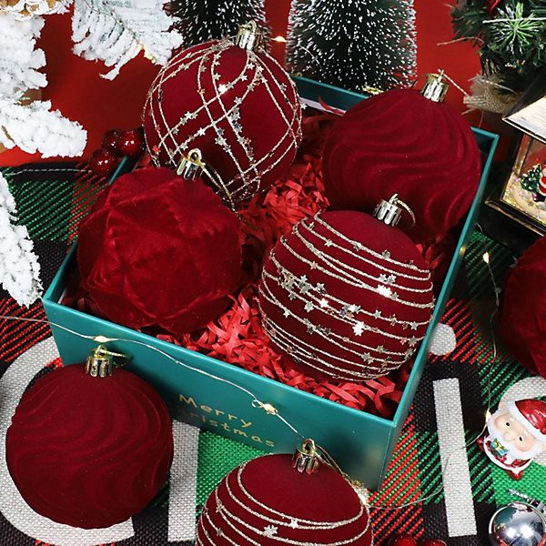 12Pcs Burgundy Velvet Christmas Balls,6cm Flocked Shatter Proof Hanging  Baubles,Festive Ornaments for Christmas Tree