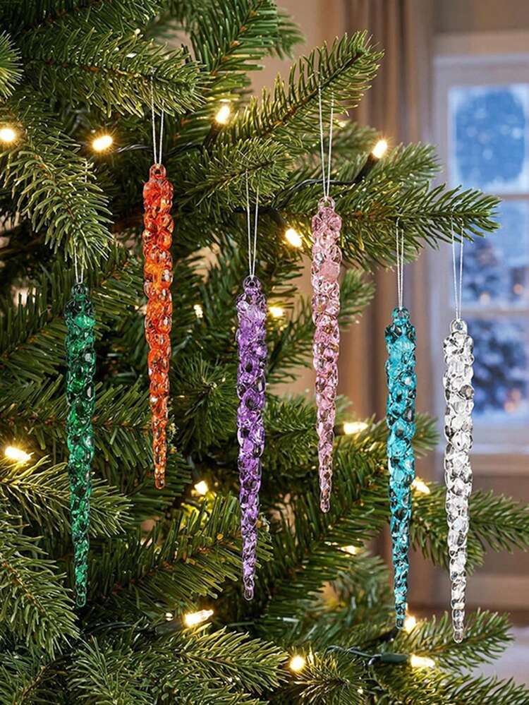 12pcs Clear Acrylic Icicle Hanging Ornaments With String - Rustic Christmas Tree Decor, Hanging Prism Lights, Suitable For Holiday Home Decoration, Tree Ornaments, Holiday Lighting, Theme Party Deco