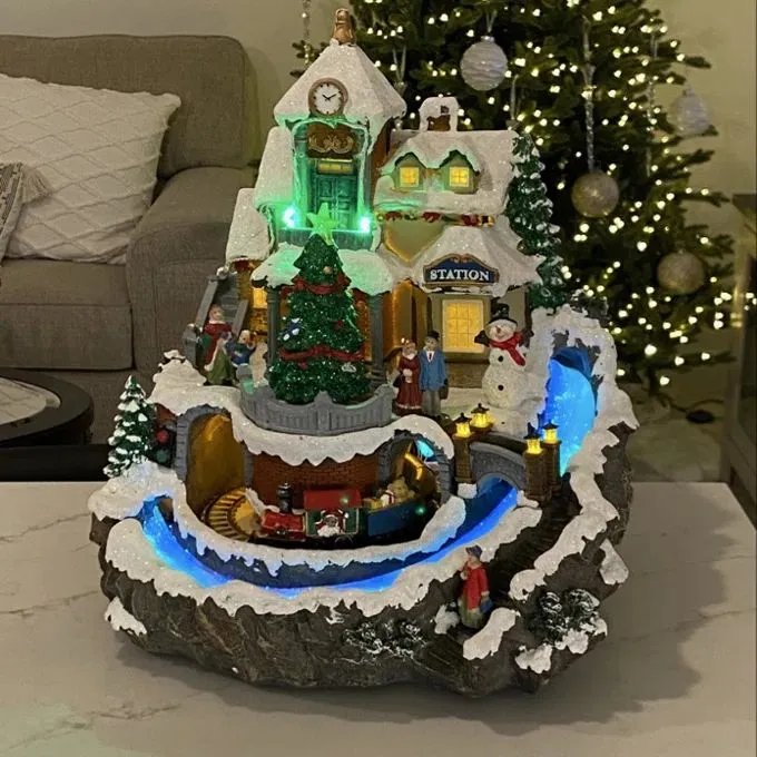 13.58H Animated Mountain Train Station (Train & Tree) - LED, 8 Music,  Adapter - Hand-Painted Resin | Foter