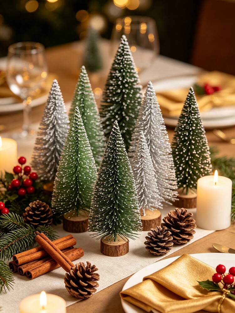 15/5/1pc Set Artificial Christmas Tree, Bottle Brush Christmas Tree With Wooden Base, Christmas Decoration, Christmas Party Home Tabletop Handmade Decor, Winter Decoration, Holiday Decoration, ...