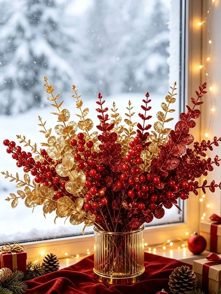 15pcs Glitter Artificial Christmas Floral Stems, Gold And Red Glitter Eucalyptus Stems With Red Berries, Faux Flower Sprays For Christmas Vase Arrangement, Christmas Tree Tabletop Centerpiece Decor,