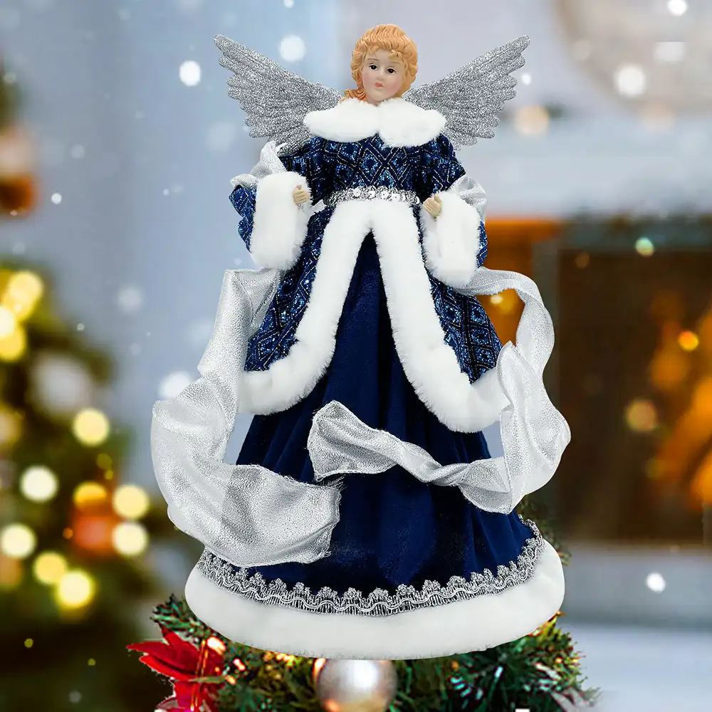18″ Large Blue Angel Christmas Tree Topper with Silver Wings