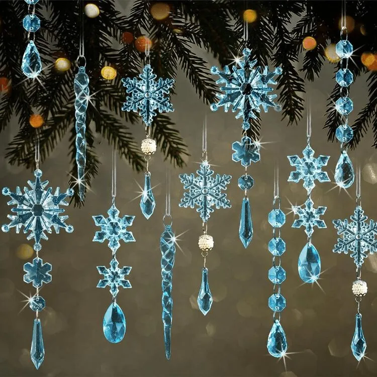 18Pcs Christmas Acrylic Crystal Hanging Ornaments Set, Snowflake Icicle Xmas Tree Pendants, Clear Blue Transparent Winter Window Ceiling Holiday Decor | SHEIN USA