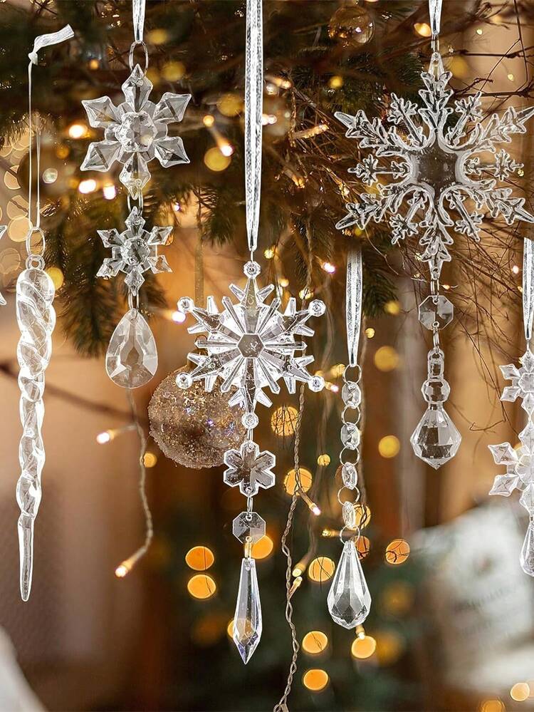 18pcs Modern Acrylic Snowflake Icicle Hanging Decor Set - Translucent Christmas Tree Ornaments, Suitable For Holidays, Winter, New Year Celebrations - No Electricity Required Holiday Hanging Decorat