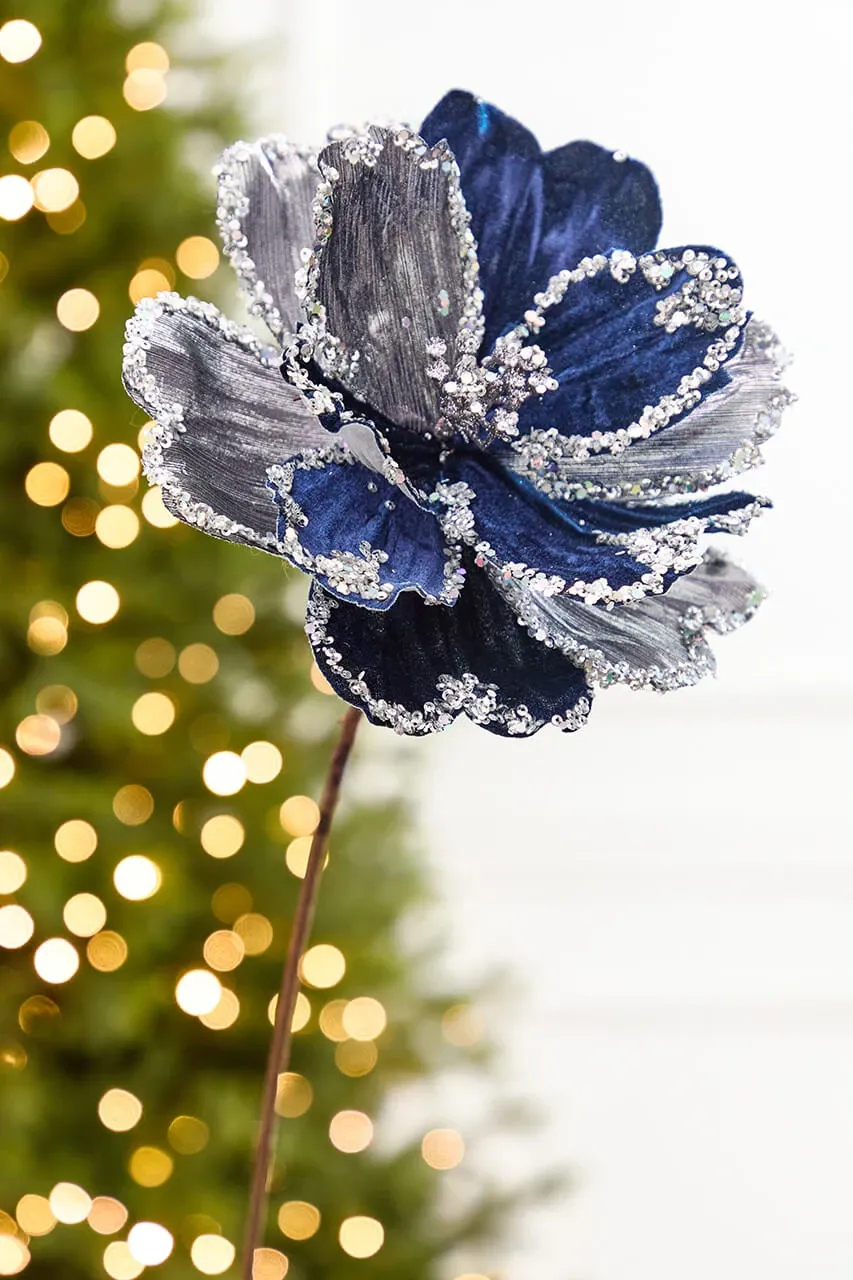 19' Silver and Dark Blue Magnolia Stem - Decorator's Warehouse