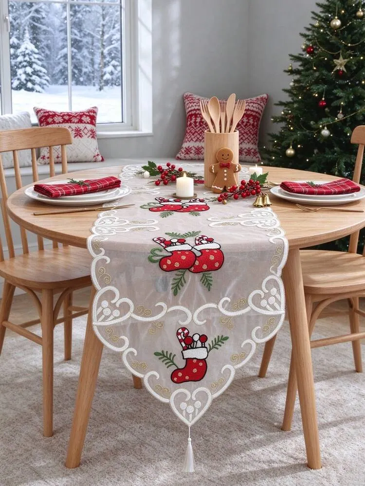 1pc 100% Polyester Christmas Embroidered Table Runner, Red Christmas  Stocking Lace Tassel Table Runner, Holiday Restaurant Dining Table Decor,  Suitable For Christmas Party Home Decoration | SHEIN US