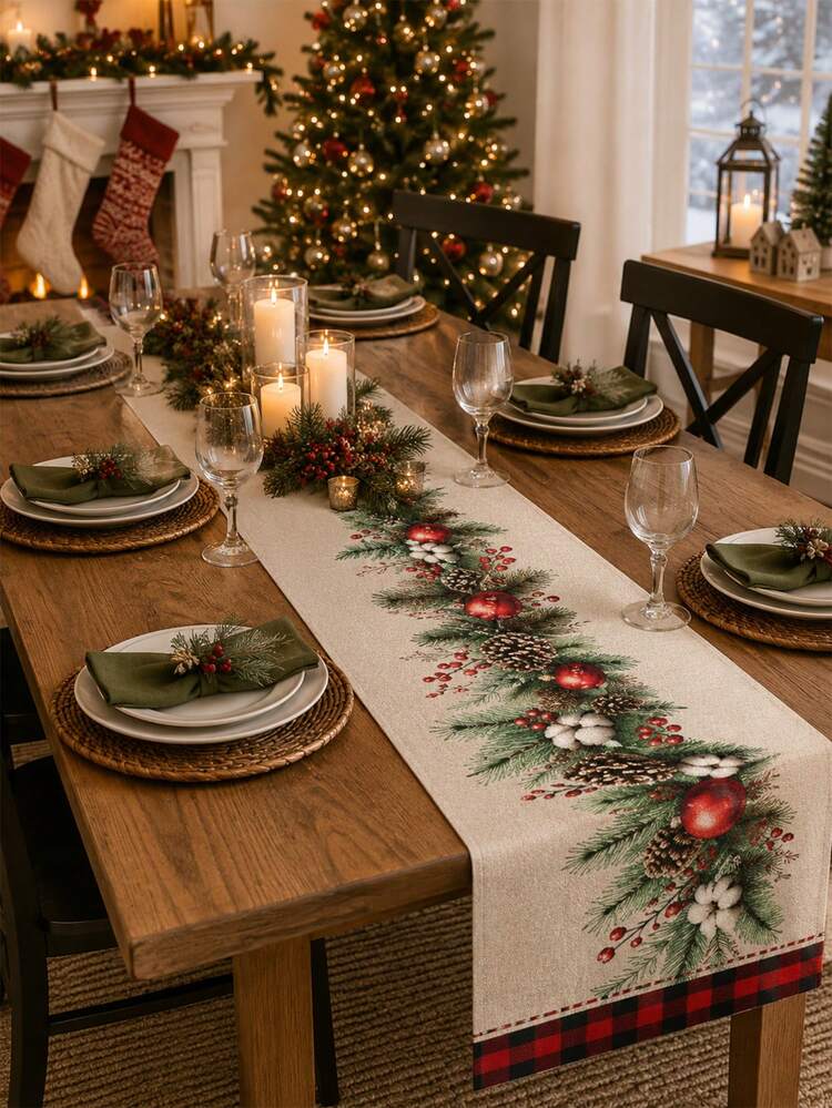 1pc Farmhouse Style Berry & Pine Cone Table Runner, Rustic Country  Rectangular Fabric Tablecloth, Red Plaid Trim Holiday Table Decor,  Christmas Family Dinner Kitchen Placemat, Winter Celebration Hom