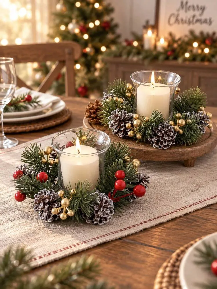 1pc Gold Pinecone Berry Candle Wreath Ring, Christmas Table Centerpiece Decoration, Rustic Fireplace Mantel Decor, Winter Multi-Layer Tray Window Sill Floral Holiday Tea Candle Holder Decorative Rin