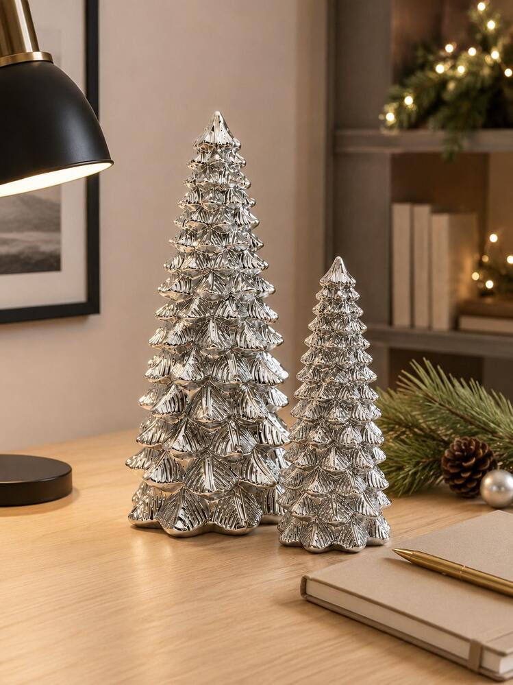 1pc Silver Desktop Christmas Tree Decoration, Elegant Metallic Texture  Christmas Tree Ornament, Modern Holiday Decor, Suitable For Living Room,  Bookshelf, Fireplace Mantel, Desk, Dining Table, Winte