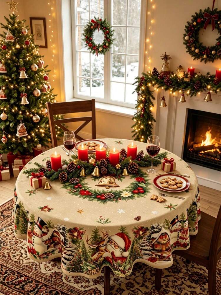 1pc Vintage Christmas Round Tablecloth With Santa Claus, Reindeer, Snowman And Christmas Tree Pattern Design, Christmas Party Tablecloth, Tablecloth, Christmas Decoration, Christmas Party Decor, Roo
