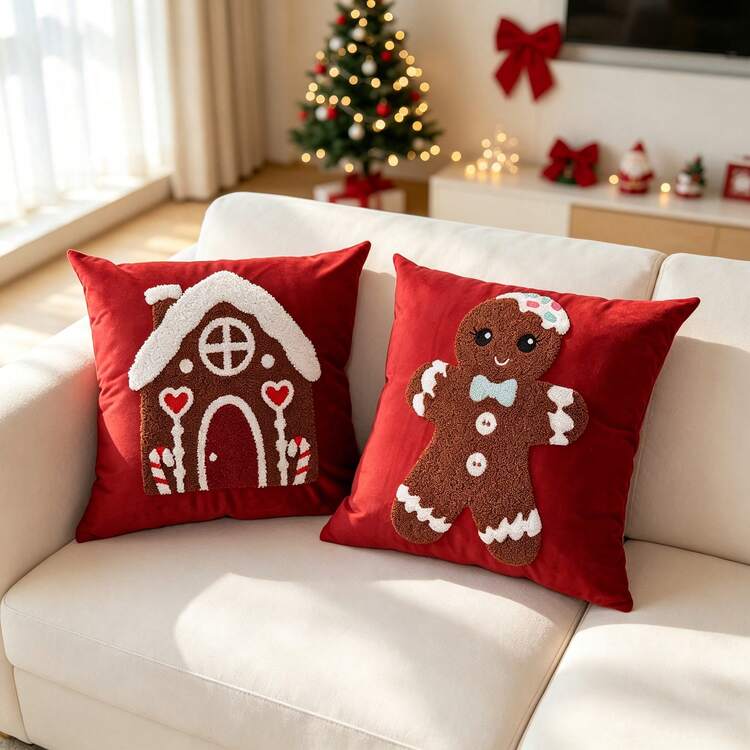 1pc Winter Christmas Decorative Embroidered Pillow Cover, Soft Embroidered  Throw Pillow, Gingerbread House + Cute Gingerbread Man Pattern Square  Pillow, Living Room Bedroom Sofa Holiday Home Decor, 
