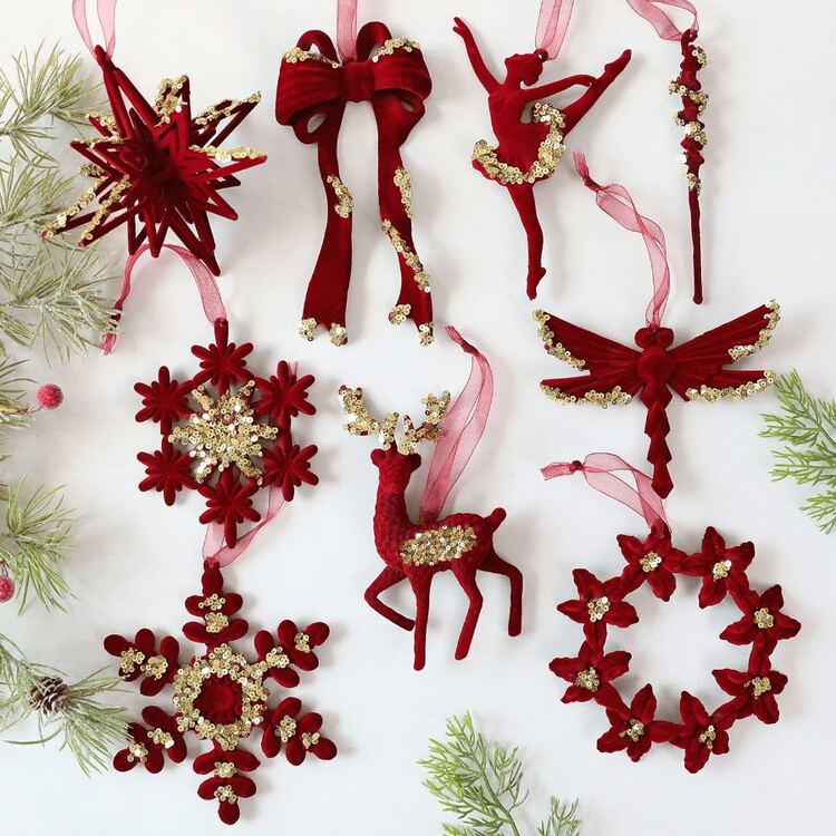 1Pcs Burgundy Flocked Christmas Tree Ornaments, Velvet Reindeer Bow  Snowflake Wreath Ballet Girl Dragonfly Pendants, Xmas Wine Red Sequin  Hanging Decor For Holiday Tree Home Party | SHEIN USA