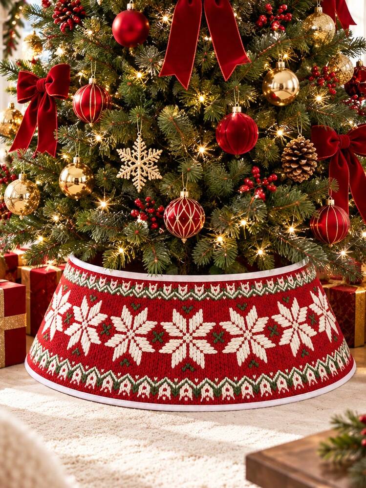 23.62 Inch Red Snowflake Christmas Tree Collar, Knitted Christmas Tree Base  Cover, Nordic Jacquard Pattern, Elegant Christmas Tree Skirt Alternative,  Suitable For Holiday Parties, Living Room, Firep