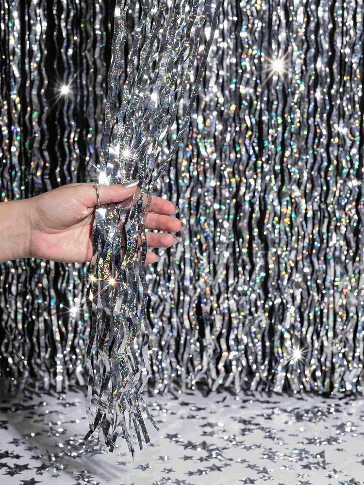 2/4pcs Shiny Laser Silver Rain Curtain Tinsel Fringe, Silver Party Background Decoration Fringe Curtain, Bright Silver Metallic Foil Fringe Curtain, Baby Shower Party Background Decoration, 1st Birt