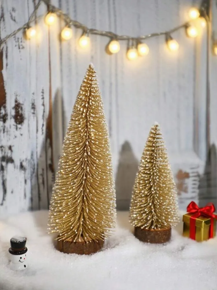 2pcs Christmas Gold Glitter Mini Pine Tree , Two Pieces Artificial Snow-Dusted Trees With Base, Festive Tabletop Decorations For Xmas, Ideal Christmas Centerpiece, Perfect For Holiday Home Decor And