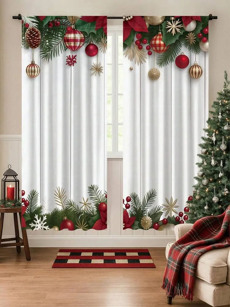 2pcs/Set Christmas Curtains, Christmas Ball And Pine Branch Pattern  Christmas Backdrop, Christmas Decorations, Christmas Party Supplies, 2026  Christmas Decor, Party Favors, Winter Decor, Christmas B