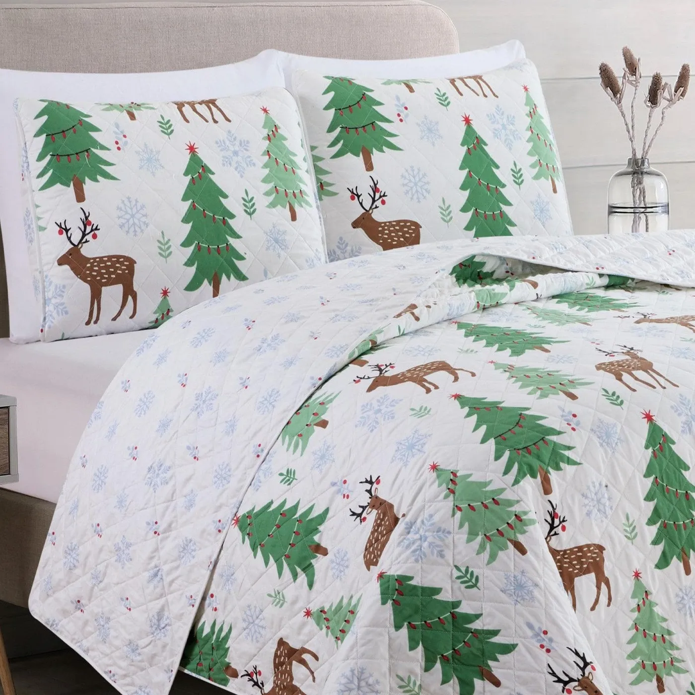 3-Piece Holiday Quilt - Holly Collection - King / Deer / Trees / Snow