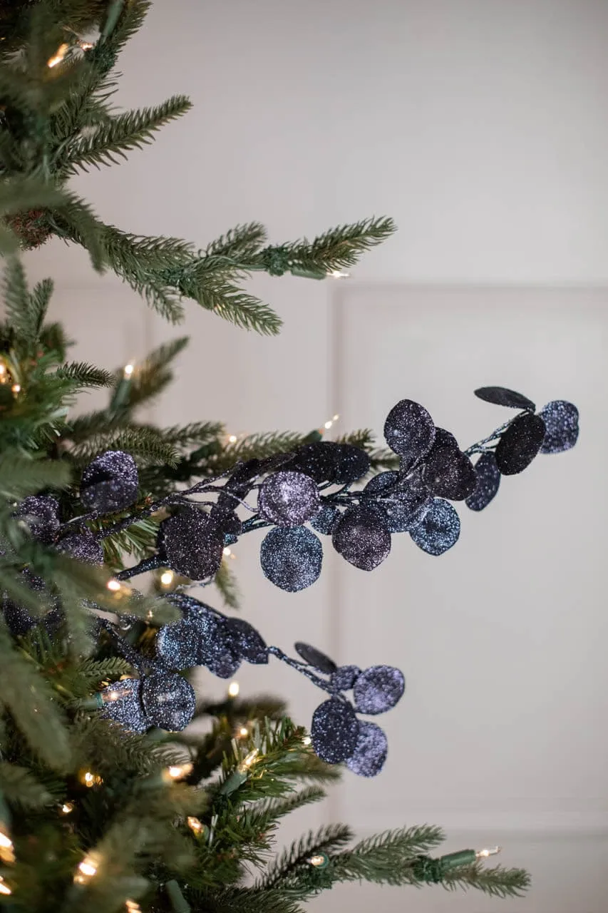 30” Glitter Lunaria Leaf Spray Midnight Blue - Decorator's Warehouse